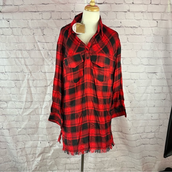 NWT Umgee boutique buffalo plaid tunic high low frayed hem sz L - Picture 4 of 11